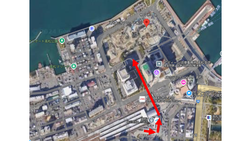 高松駅高速バスターミナルからあなぶきアリーナ香川までの道のり